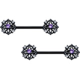 14G 9/16 Purple CZ Gem Black Flower Ring Barbell Nipple Ring Set