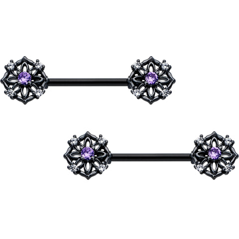 14G 9/16 Purple CZ Gem Black Flower Ring Barbell Nipple Ring Set