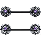 14G 9/16 Purple CZ Gem Black Flower Ring Barbell Nipple Ring Set