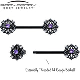 14G 9/16 Purple CZ Gem Black Flower Ring Barbell Nipple Ring Set