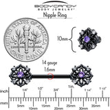 14G 9/16 Purple CZ Gem Black Flower Ring Barbell Nipple Ring Set