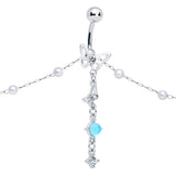 Clear CZ Gem Double Butterfly Faux Pearl Dangle Belly Chain Belly Ring