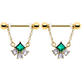 14G 9/16 Green CZ Gem Gold Tone Rhombus Riot Dangle Nipple Ring Set
