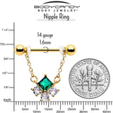 14G 9/16 Green CZ Gem Gold Tone Rhombus Riot Dangle Nipple Ring Set