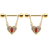 14G 9/16 Red CZ Gem Gold Tone Heart Queen Dangle Nipple Ring Set