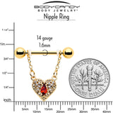 14G 9/16 Red CZ Gem Gold Tone Heart Queen Dangle Nipple Ring Set