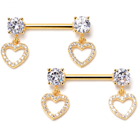 14G 9/16 Clear CZ Gem Gold Tone Paved Heart Dangle Nipple Ring Set