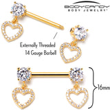 14G 9/16 Clear CZ Gem Gold Tone Paved Heart Dangle Nipple Ring Set