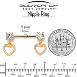 14G 9/16 Clear CZ Gem Gold Tone Paved Heart Dangle Nipple Ring Set