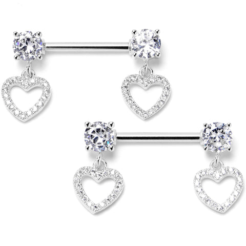 14G 9/16 Clear CZ Gem Paved Heart Dangle Nipple Ring Set