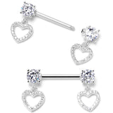 14G 9/16 Clear CZ Gem Paved Heart Dangle Nipple Ring Set
