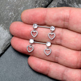 14G 9/16 Clear CZ Gem Paved Heart Dangle Nipple Ring Set