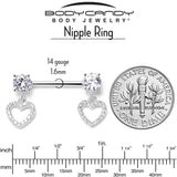 14G 9/16 Clear CZ Gem Paved Heart Dangle Nipple Ring Set