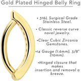 Clear CZ Gem Gold Tone Paved Row Perfection Hinged Hoop Belly Ring
