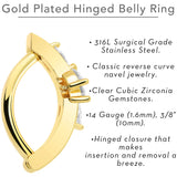 Clear CZ Gem Gold Tone Beauty Branch Hinged Hoop Belly Ring