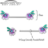 14G 9/16 Blue Gem Faerie Flower Purple Barbell Nipple Ring Set