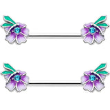 14G 9/16 Blue Gem Faerie Flower Purple Barbell Nipple Ring Set