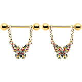 14G 9/16 Clear Gem Gold Tone Color Block Butterfly Dangle Nipple Ring Set