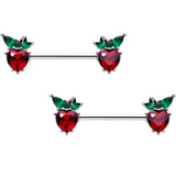 14G 9/16 Red Green Gem Strawberry Heart Barbell Nipple Ring Set