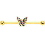 14G Clear Gem Gold Tone Color Block Butterfly Industrial Barbell 38mm