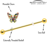 14G Clear Gem Gold Tone Color Block Butterfly Industrial Barbell 38mm