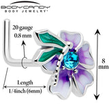 20G 7mm Blue Gem Faerie Flower Purple L Shape Nose Ring