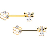 14G 9/16 Clear CZ Gem Gold Tone Bee Hive Luv Barbell Nipple Ring Set