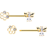 14G 9/16 Clear CZ Gem Gold Tone Bee Hive Luv Barbell Nipple Ring Set