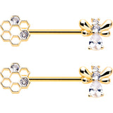 14G 9/16 Clear CZ Gem Gold Tone Bee Hive Luv Barbell Nipple Ring Set