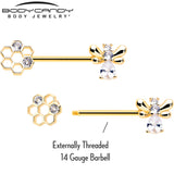 14G 9/16 Clear CZ Gem Gold Tone Bee Hive Luv Barbell Nipple Ring Set