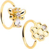 20G 5/16 Clear CZ Gem Gold Tone Bee Hive Luv Nose Hoop Set of 2