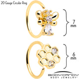 20G 5/16 Clear CZ Gem Gold Tone Bee Hive Luv Nose Hoop Set of 2