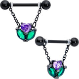 14G 9/16 Purple CZ Gem Black Love Flower Dangle Nipple Ring Set