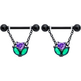 14G 9/16 Purple CZ Gem Black Love Flower Dangle Nipple Ring Set