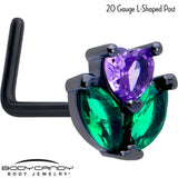 20G 7mm Purple Green CZ Gem Black Love Flower L Shape Nose Ring