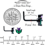 20G 7mm Purple Green CZ Gem Black Love Flower L Shape Nose Ring