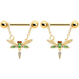 14G 9/16 Green Gem Gold Tone Swank Dragonfly Dangle Nipple Ring Set