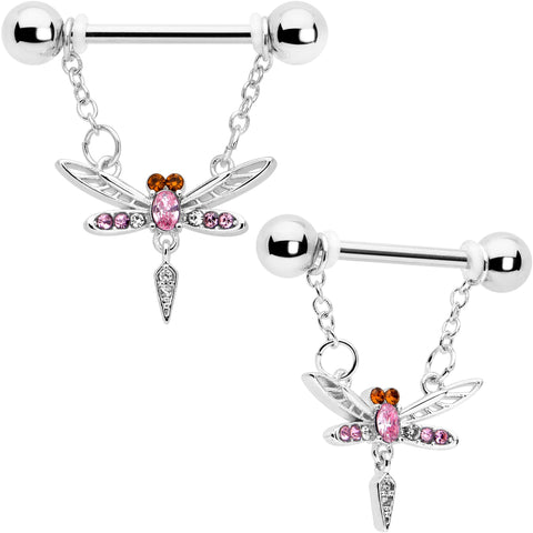 14G 9/16 Pink Gem Swank Dragonfly Dangle Nipple Ring Set