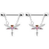 14G 9/16 Pink Gem Swank Dragonfly Dangle Nipple Ring Set