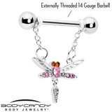 14G 9/16 Pink Gem Swank Dragonfly Dangle Nipple Ring Set