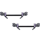 14G 9/16 Purple CZ Gem Black Night Dragonfly Barbell Nipple Ring Set