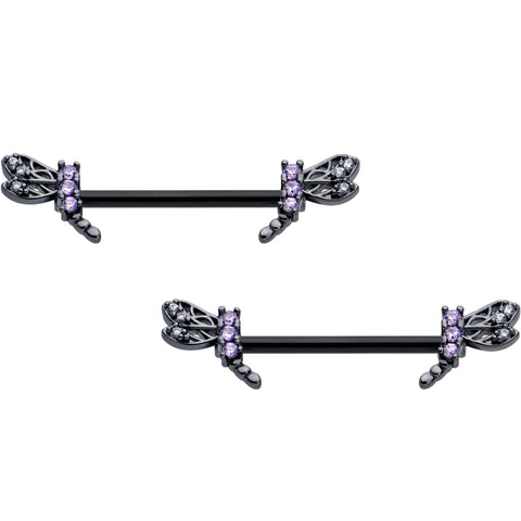 14G 9/16 Purple CZ Gem Black Night Dragonfly Barbell Nipple Ring Set