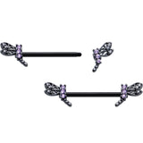 14G 9/16 Purple CZ Gem Black Night Dragonfly Barbell Nipple Ring Set