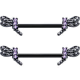 14G 9/16 Purple CZ Gem Black Night Dragonfly Barbell Nipple Ring Set