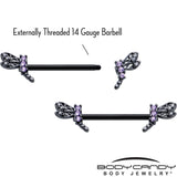 14G 9/16 Purple CZ Gem Black Night Dragonfly Barbell Nipple Ring Set