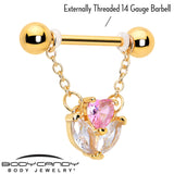 14G 9/16 Pink CZ Gem Gold Tone Love Flower Dangle Nipple Ring Set