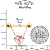 14G 9/16 Pink CZ Gem Gold Tone Love Flower Dangle Nipple Ring Set