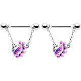 14G 9/16 Clear Gem Peacock Purple Chain Dangle Nipple Ring Set