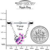 14G 9/16 Clear Gem Peacock Purple Chain Dangle Nipple Ring Set