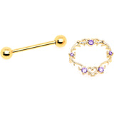 14G 9/16 Purple CZ Gem Gold Tone Heart Filigree Nipple Shield Set